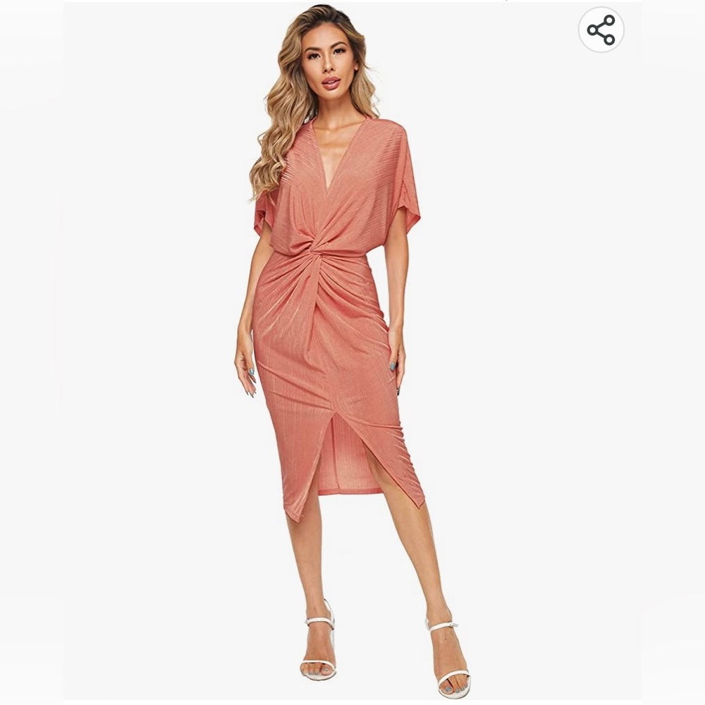 Floerns Short Sleeve V-neck Twist Front Split Midi Dress in color Orange